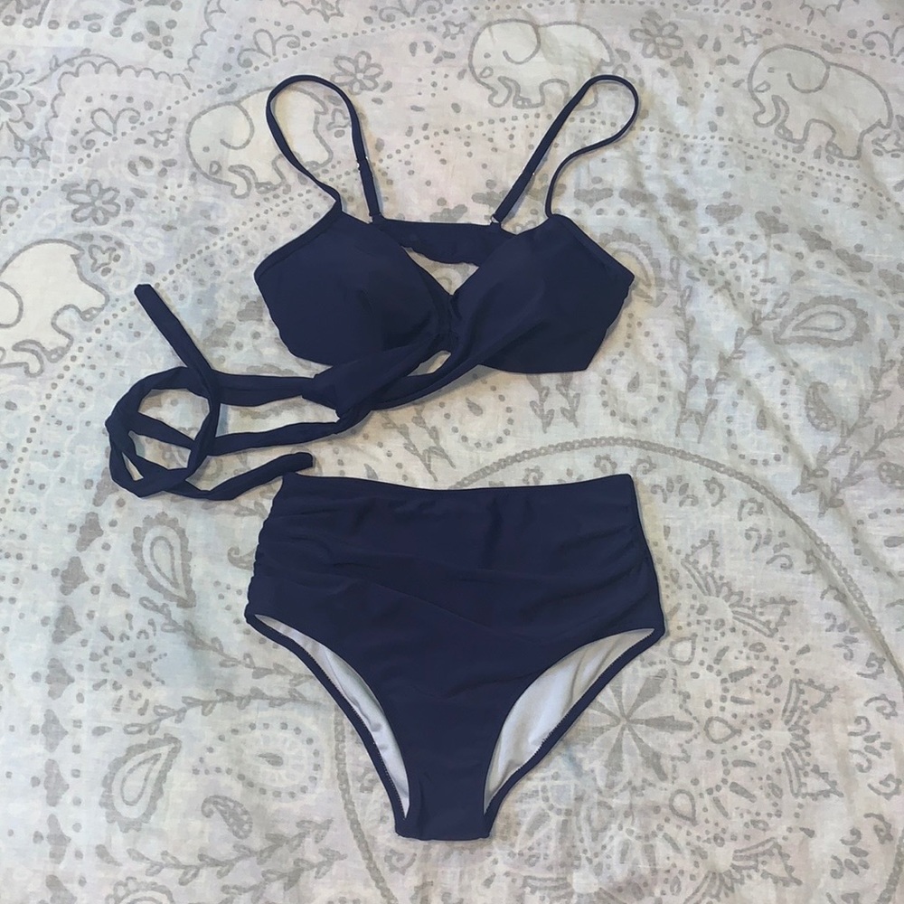 NWOT SUUKSESS Navy Wrap Bikini Set Push Up High Waisted Sz S 2pc Swimsuit